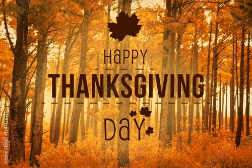 Thanksgiving text against woodland