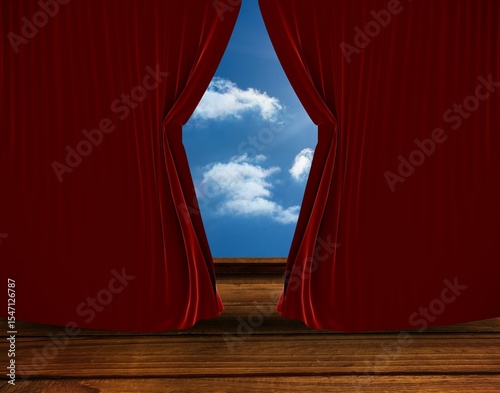 Flat design red curtains are parting on stage floor, revealing bright blue sky with white clouds