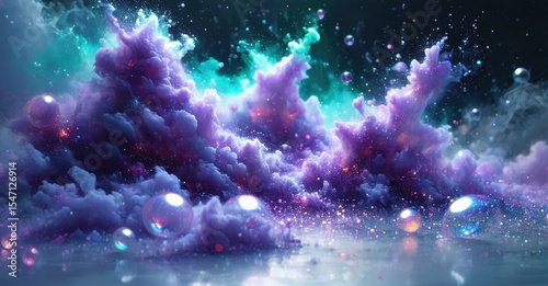 Vibrant purple, teal clouds explode. Sparkling light reflects on glossy surface. Dreamlike, ethereal scene evokes fantasy, wonder.
