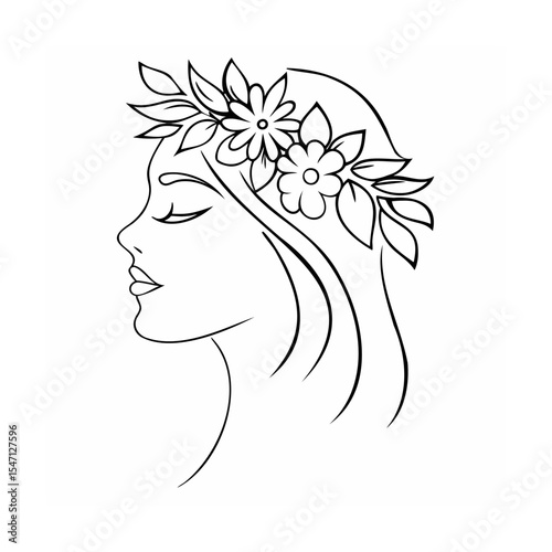 Woman Profile Line Art Floral Head Wreath Black White