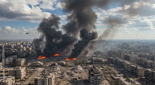 City Ablaze Wars Grim Spectacle under a Cloudy Sky.