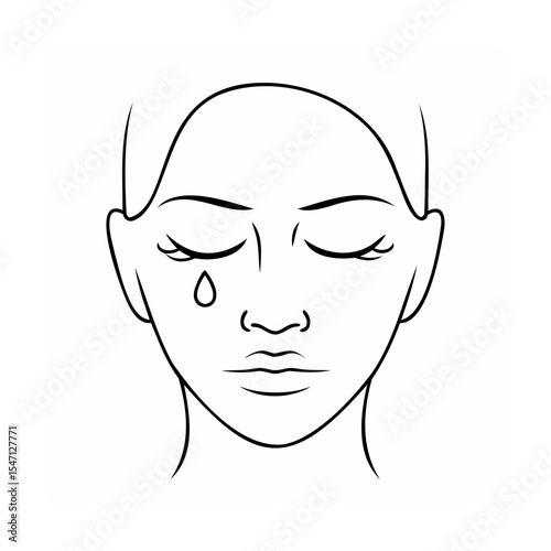 Line art drawing woman face closed eyes single tear sadness