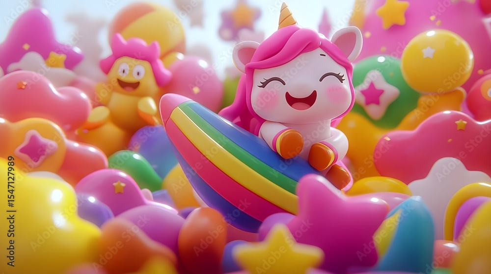 Naklejka premium Unicorn, Rainbow, Surfboard, Happy Unicorn on Rainbow Surfboard in Candyland