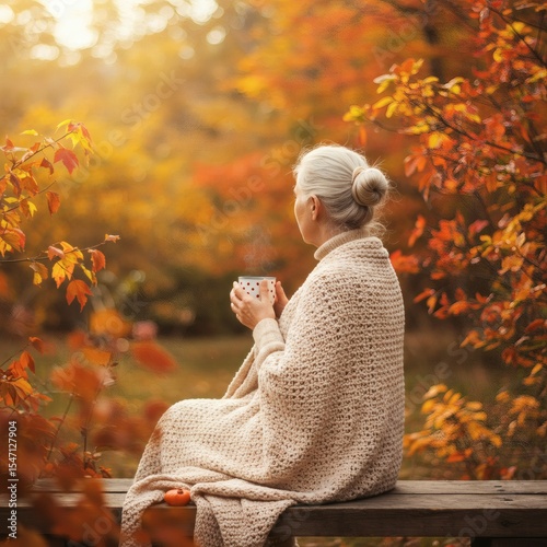Cozy autumn scene with a person holding a warm beverage