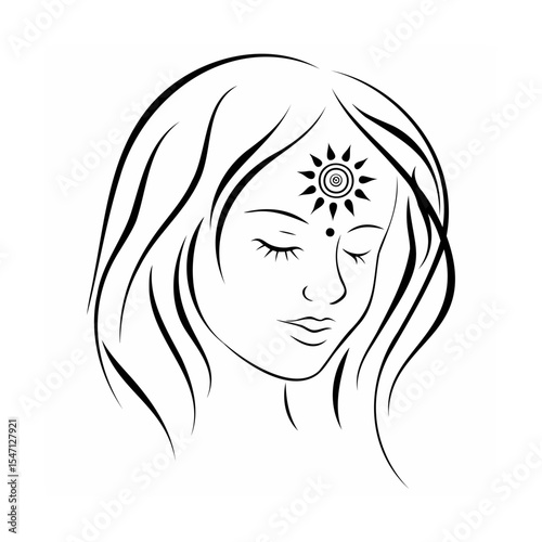 Black and White Line Art Woman Face Sun Forehead Design