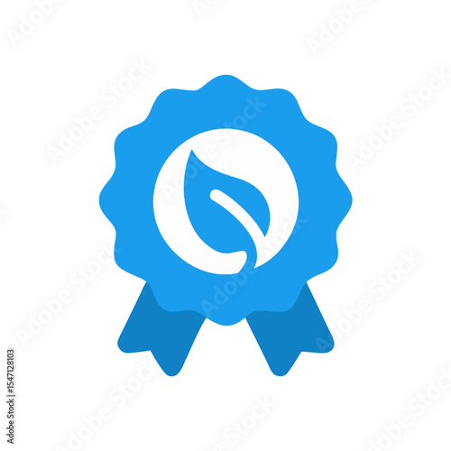 Blue Award Badge with Leaf Icon and Ribbons Social Welfare Charity Symbol vector