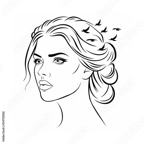 Black and White Line Art Woman Birds Hair Updo female