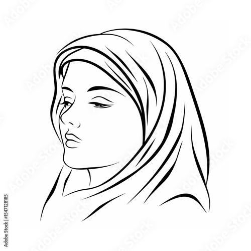 Black and White Line Drawing Woman Wearing Hijab headscarf