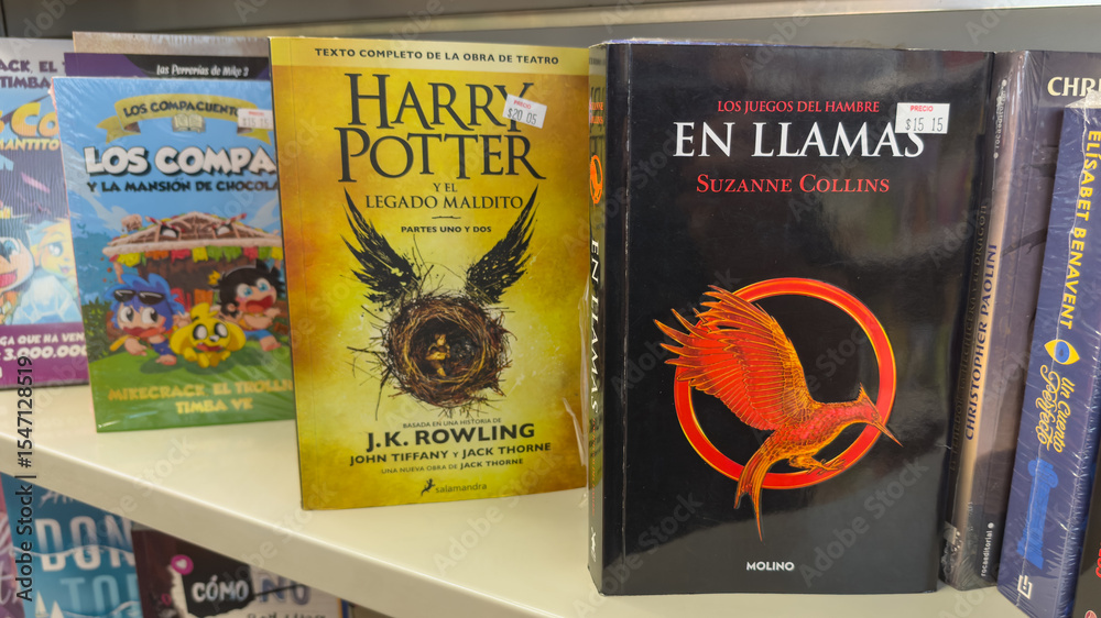 Naklejka premium GUAYAQUIL, ECUADOR - JUN 22, 2025: Popular young adult books on bookstore shelf, including Harry Potter and Catching Fire from The Hunger Games series.