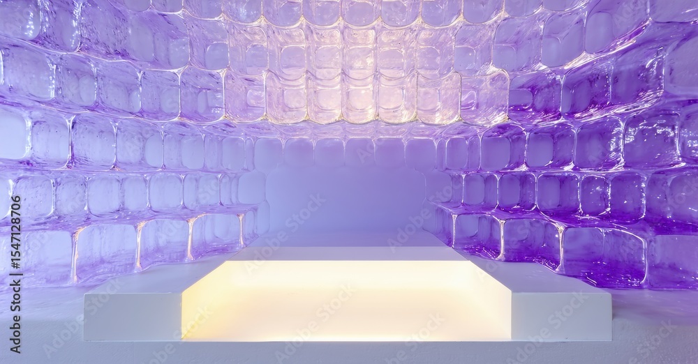 Obraz premium Ice hotel room features vaulted ceiling, illuminated platform. Cool purple lighting creates winter ambiance, spacious interior.