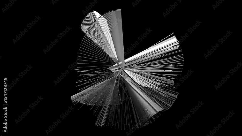 3d render of black and white monochrome abstract art video animation with lines sticks in swirl twist rotation movement on a black background