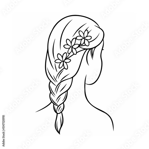 Woman Back View Braided Hair Flowers Outline Drawing