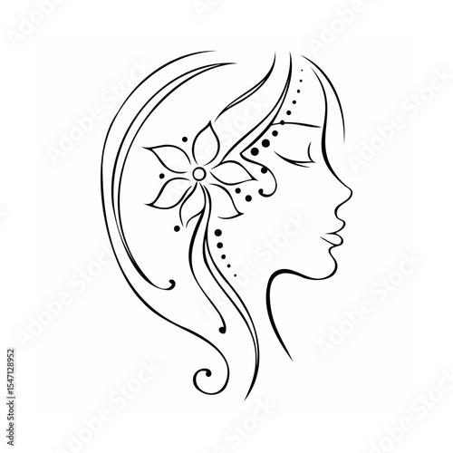 Black Line Art Woman Profile Flower Hair Design face