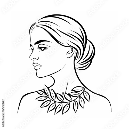 Black and White Line Drawing Woman Profile Leaf Necklace