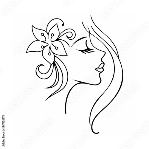 Black and White Line Art Woman Profile with Flower