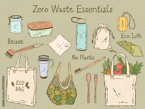 Hand-drawn vector set of zero waste essentials in colorful doodle style. Includes reusable eco items like bags, bottles, containers, and natural accessories