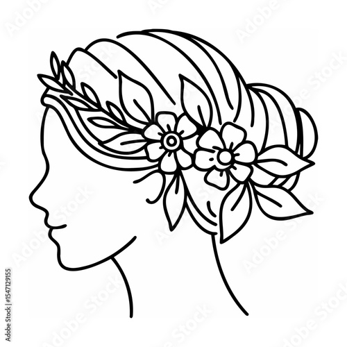 Woman Profile Outline Floral Hair Bun Design vector
