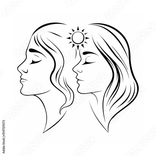 Two Women Faces Profile Line Art Sun Symbol black and white