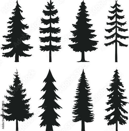 Set of Pine Tree Silhouette Vectors – Hand Drawn Evergreen Forest Elements for Nature Designs