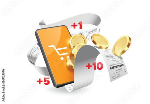 Gold coin or dollar comes out from smartphone with receipt or invoice paper after paying or buying online for advertising promotion design Cash back or Get coin or digital banking, vector 3d isolated