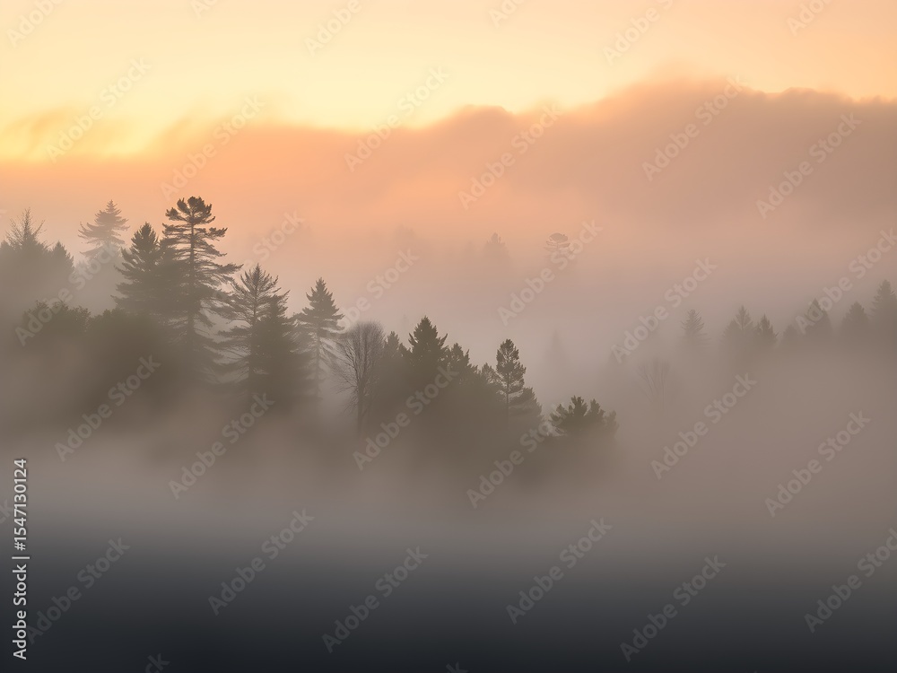 Naklejka premium Serene Misty Forest Landscape with Golden Morning Light – Ultra HD Nature Background