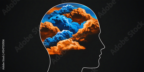 Silhouette of a human head filled with vibrant blue and orange clouds