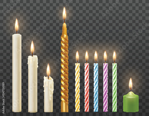 Vector set of 3d realistic burning white candles, birthday party cake colorful twisted candles. isolated on transparent background