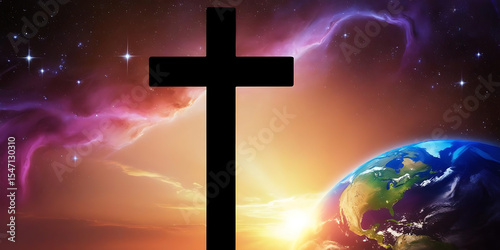 Silhouette of a cross against a cosmic background