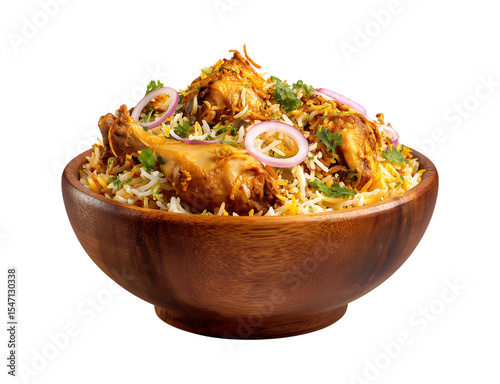 Chicken biryani on wooden bowl with herbs and spices isolated on a transparent background.