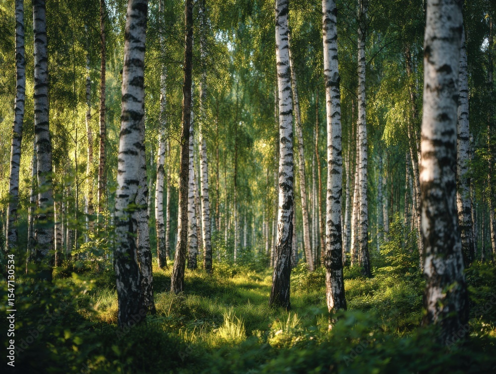 Obraz premium A Dense Forest Of Thin And Slender Birch Trees
