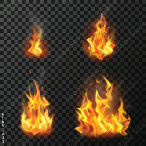 Fire flames set realistic vector illustration