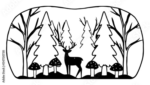Black and white illustration of a deer standing in a forest with mushrooms and bare trees scene design created with generated ai