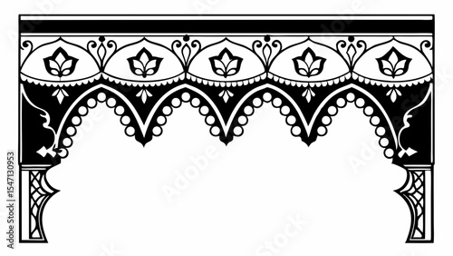 Decorative archway design with floral elements and ornate details in black and white illustration style created with generated ai