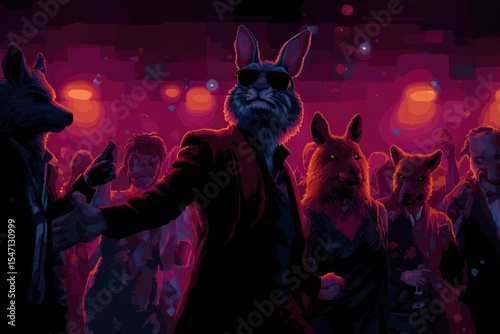 A night out at the club, filled with animal characters in a stylized setting.