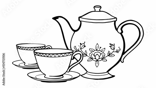 A drawing of a teapot with floral design and two teacups with saucers in black and white outline created with generated ai