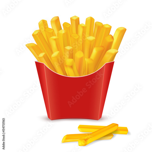 French fries in red paper package fast food vector illustration isolated on white background