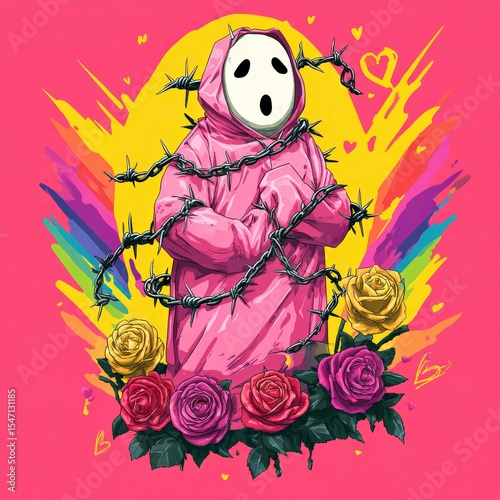 Figure in pink hooded cloak entwined with barbed wire surrounded by colorful roses and vibrant background elements