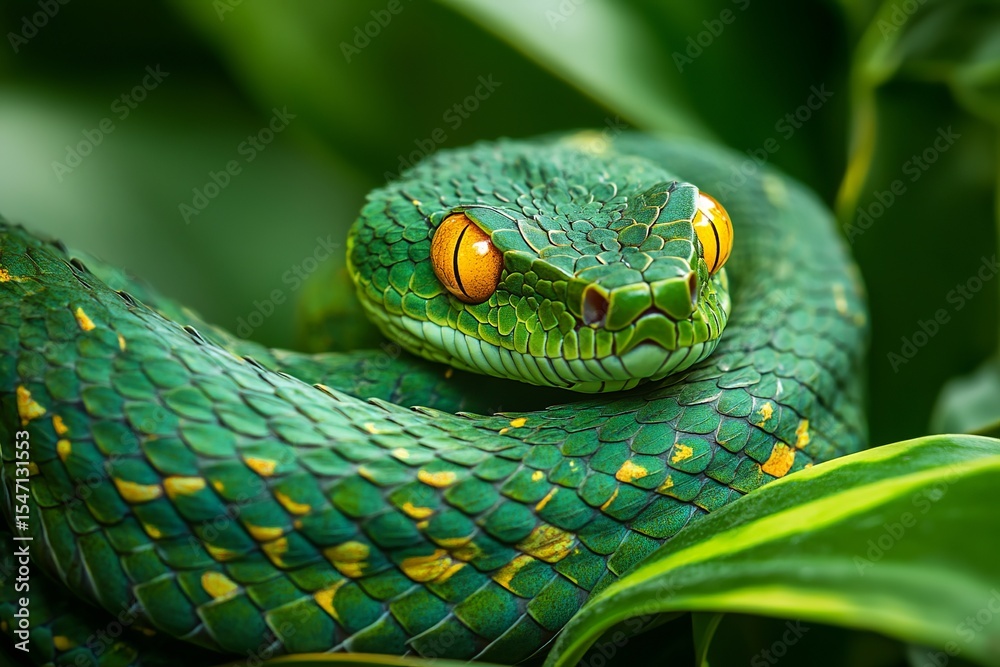 Fototapeta premium Green Pit Viper Coiled on Plant with Vibrant Yellow Eyes Staring
