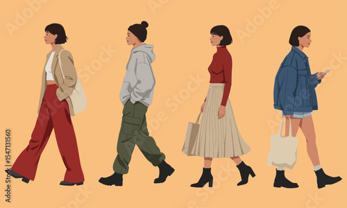 vector illustration of four stylish women walking side by side