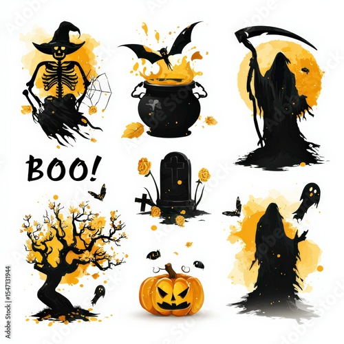 Halloween themed illustrations showcasing spooky characters and symbols with a vibrant orange color scheme