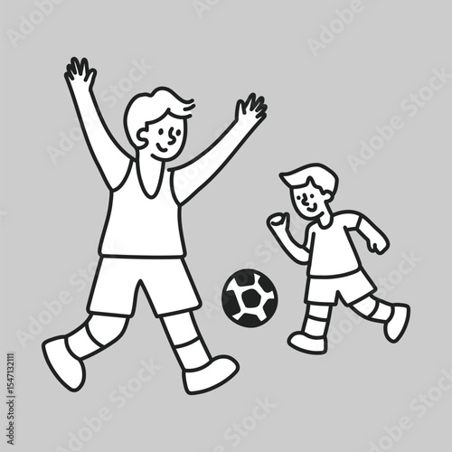 Dad son playing football line art collage element vector