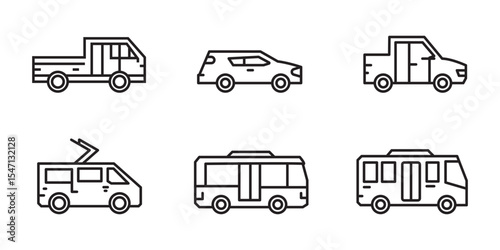 Car vecto icon set. Automobile front side logo. Car icons set. The car from different sides. Side view, back, front, bottom, inside. linear icon collection. Line with editable stroke