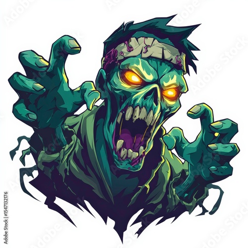 Epic zombie character bursting out in a dramatic, colorful design with glowing eyes and detailed features