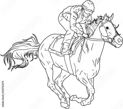 Black and white horse racing vector illustration suitable for coloring activity.