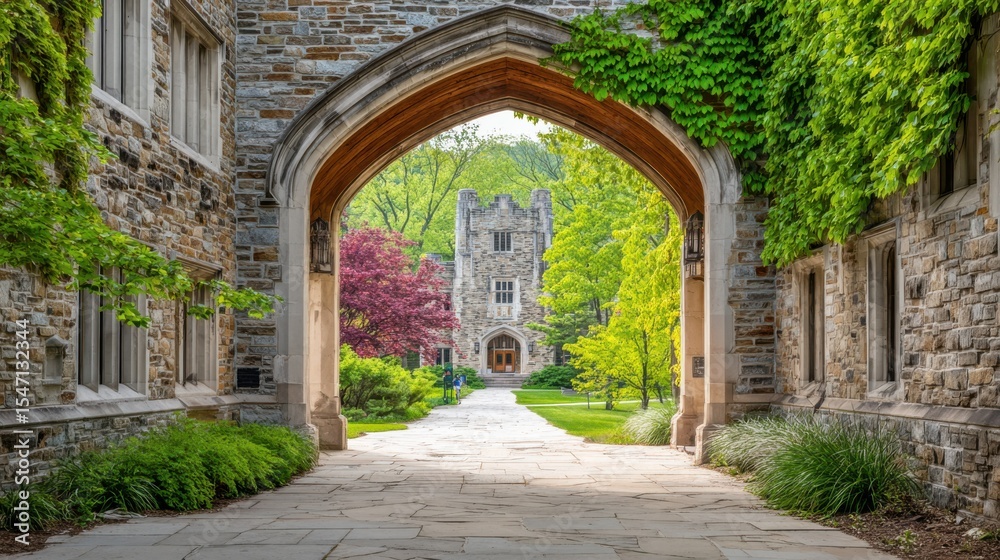Fototapeta premium Pride Framed Institution Type. A stone archway leads to a lush courtyard in a historic building.