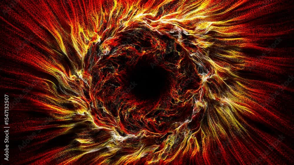 3d render of abstract art video animation of surreal swirl twist round circular wavy color splash substance based on small dust balls particles in yellow and red gradient mix color with black hole 