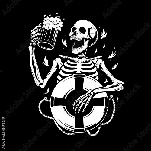Skeleton enjoying a beer while holding a life preserver on a black background celebrating life and joy