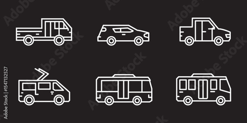 Cars line icons set, different vector car types linear silhouettes, car logo deign templates