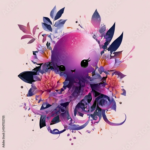 Colorful octopus surrounded by vibrant flowers in a whimsical artistic style