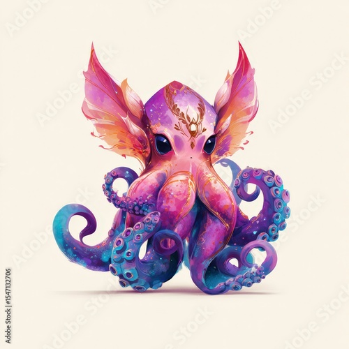 Colorful octopus with vibrant wings showcasing imaginative fantasy art on a soft background